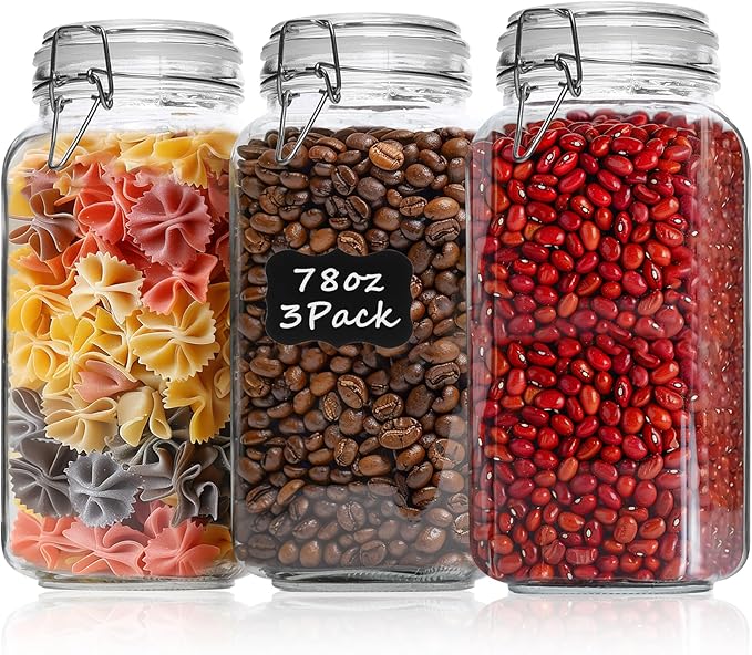 ComSaf Airtight Glass Jars with Lids 78oz Set of 3, Food Storage Canister Square - Storage Container with Clear Preserving Seal Wire Clip Fastening for Kitchen Canning Flour, Cereal, Pasta, Beans
