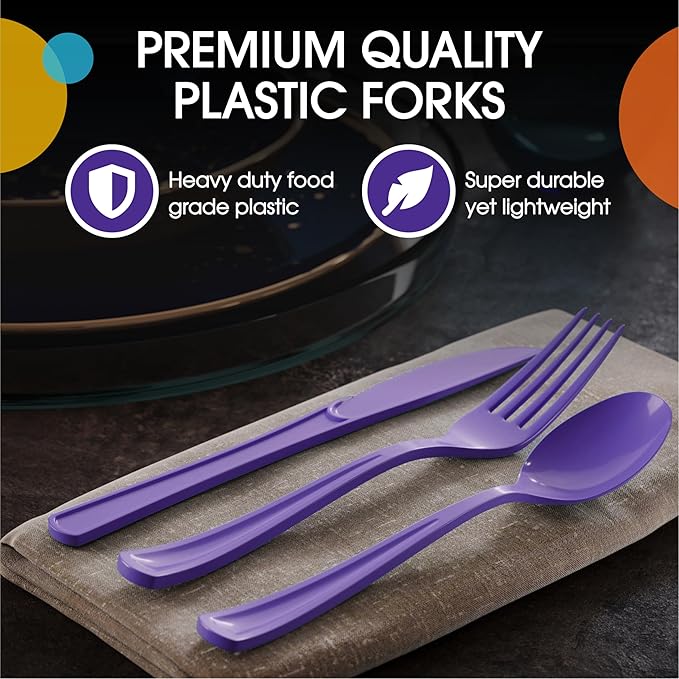 Party Solids Purple Plastic Silverware Heavy Duty 300 Pieces Purple Plastic Cutlery Sets, Utensil Sets, 100 Of Each Forks, Knives & Spoons Disposable Cutlery Set, Flatware Set For Party Supplies