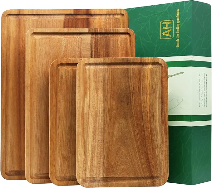 AZRHOM Large Wood Cutting Boards Set of 4 for Kitchen Cheese Charcuterie Board (Gift Box Included) Acacia Butcher Block with Non-slip Mats, Juice Groove and Handles (16x12, 14x10, double 11x8 inch)