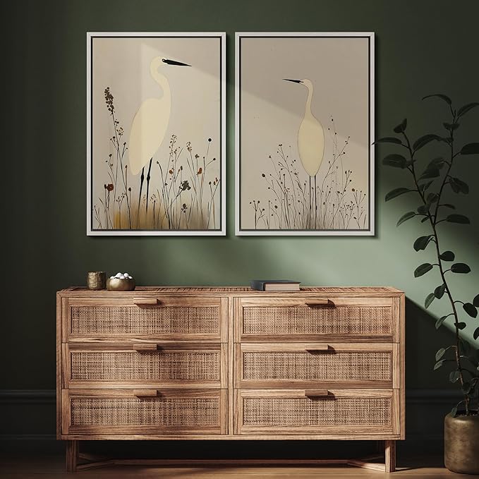 SIGNFORD Framed Canvas Print Wall Art Set Minimalist Heron Art Simplified Shapes in Neutral Tones Illustration Modern Art Decorative Nordic Nature for Living Room, Bedroom, Office - 24"x36"x2 White