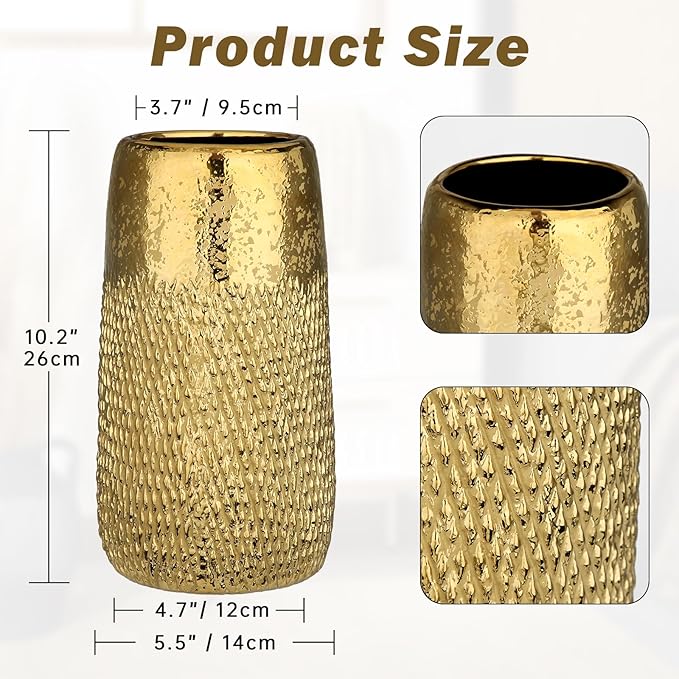 10.2" Ceramic Flower Vintage Vase - Gold Textured Metal Ceramic Vase for Farmhouse Modern Home Decor Pampas Grass Centerpieces Living Room Bedroom Office Decoration