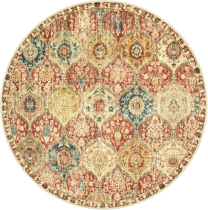 Lahome Moroccan Trellis Round Area Rugs, Washable Small Round Rug 3ft Non-Slip, Soft Vintage Ultra-Thin Circle Carpet for Bedroom Entryway Kitchen Laundry Bathroom, Red/Orange