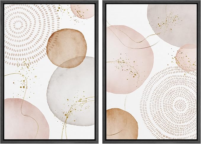 SIGNFORD Framed Wall Art Print Set Pastel Pink Gray Watercolor Circles Abstract Shapes Illustrations Modern Minimalist Relax/Calm Multicolor for Living Room, Bedroom, Office - 24"x36"x2 Black