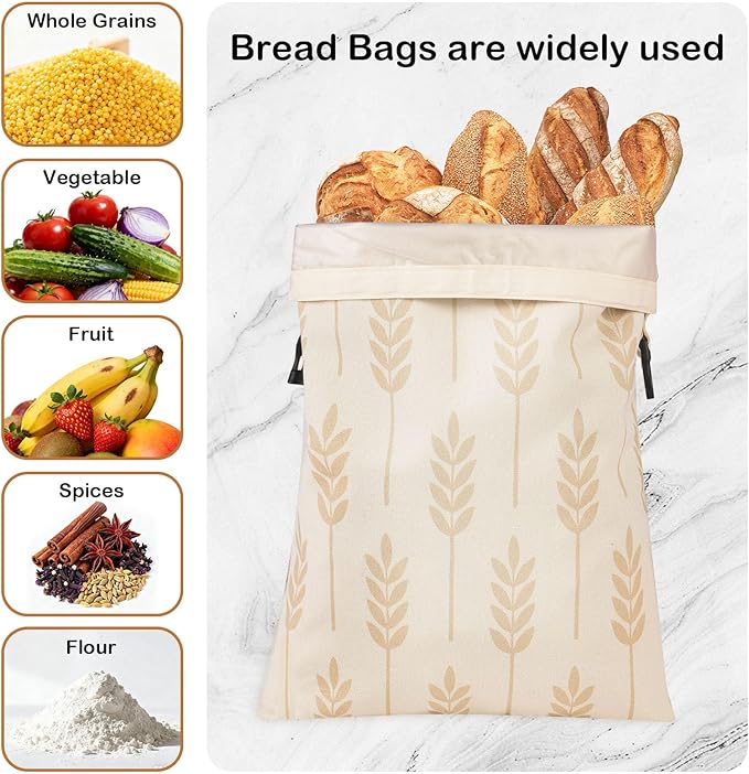LAKE OF FIRE 16.9"x12.6" Reusable Bread Storage Bags for Homemade Bread with Reusable 2 Bowl Covers,Large Sourdough Bread Bags Food Storage Cloth Bag(Beige + Wheat)