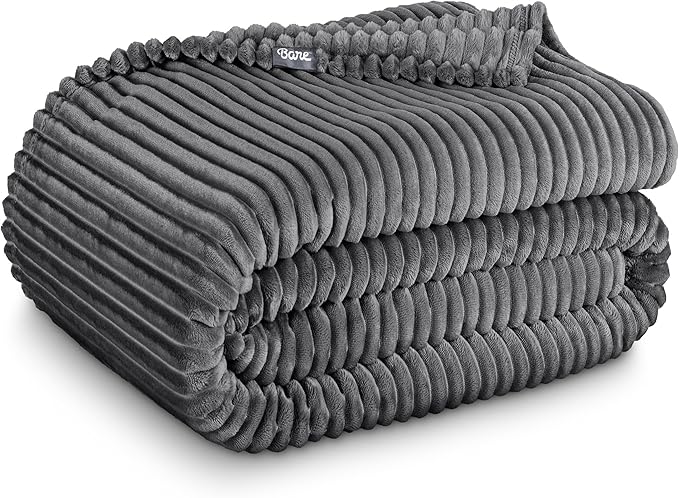 Bare Home Textured Fleece Blanket - King Size - Ultra-Soft Lightweight for Bed, Sofa, and Couch - Luxury Microplush - Cozy Warm Blanket (King, Ribbed Grey)