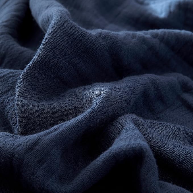 100% Cotton Muslin Throw Blanket for Bed, Couch, Small, Decorative, Soft, Pre-Washed, Breathable and Lightweight Gauze Blanket with Tassels, Suitable for All Seasons, Navy, 50"x60"