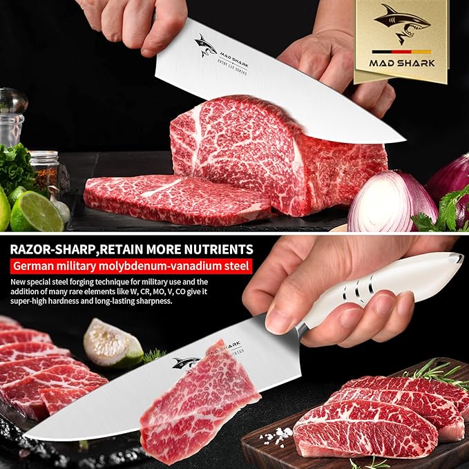MAD SHARK Chef Knife 8 inch Kitchen Knife High Carbon Stainless Steel Sharp Chef's Knives with Ergonomic Handle, Cooking Knife with Gift Box, Birthday Gifts for Mom/Dad(White)