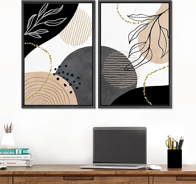 SIGNFORD Framed Canvas Print Wall Art Set Mid-Century Nordic Geometric Ring Plants Abstract Shapes Illustrations Modern Art Decorative Bohemian for Living Room, Bedroom, Office - 24"x36"x2 Black