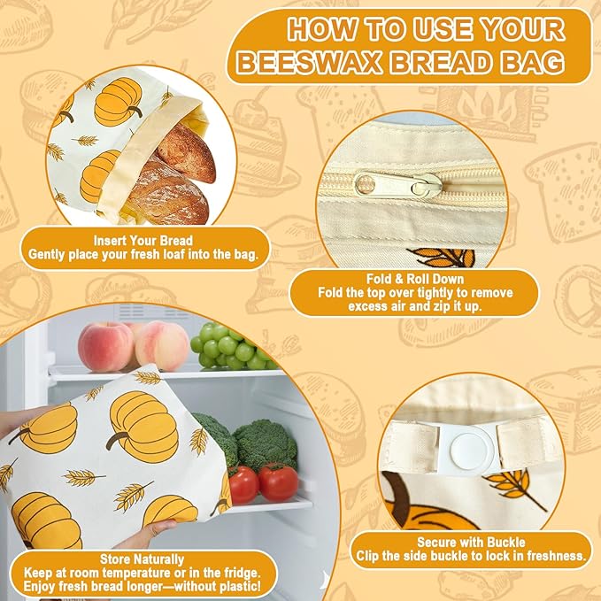 2 Pack Reusable Beeswax Bread Bag for Sourdough & Homemade Bread with Zipper– Beeswax Lined Bread Bags, Plastic-Free Sourdough Bread Storage, Autumn Pumpkin Design for Thanksgiving & Fall Baking