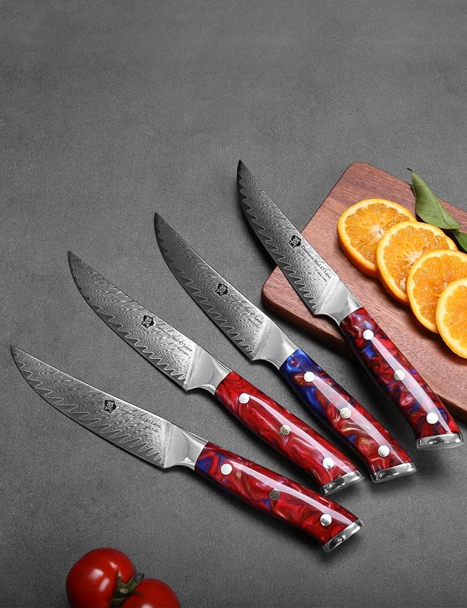 WILDMOK Steak Knives, 5 inch Non Serrated Steak Knife Set of 4, Japanese Damascus VG10 Steel Steak Knives,Premium Steak Knives Set with Gift Box