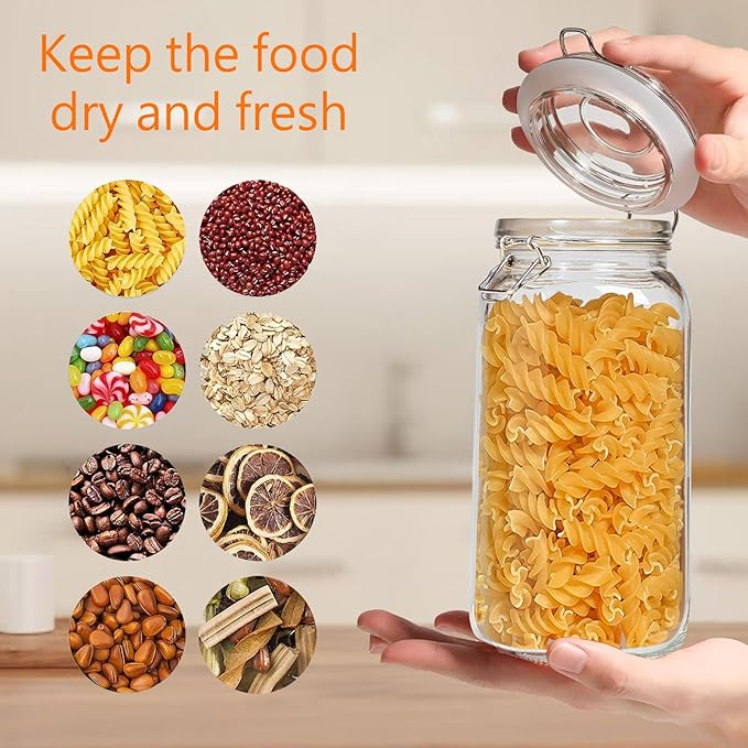 78oz Square Glass Food Storage Jars Storage Container with Clear Preserving Seal Wire Clip Fastening for Kitchen Canning Flour, Cereal, Pasta, Sugar, Beans