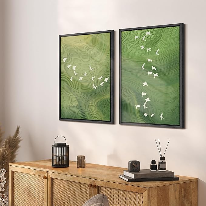 SIGNFORD Framed Canvas Print Wall Art Set Green Swirl Abstract White Birds Illustration Modern Art Decorative Nordic Nature for Living Room, Bedroom, Office - 16"x24"x2 Black