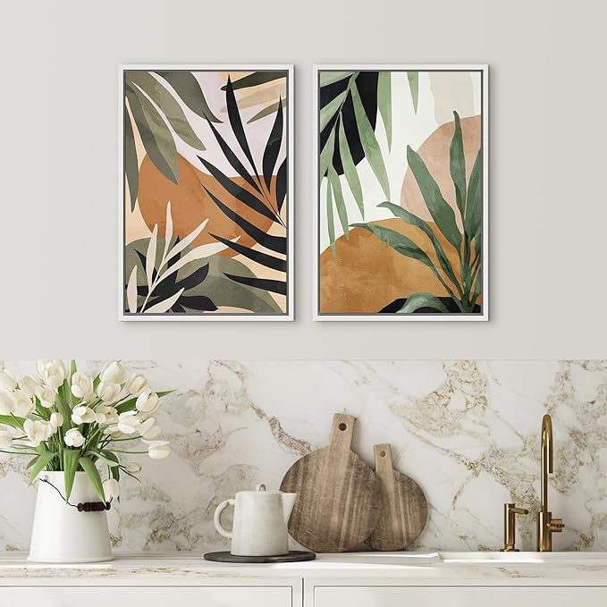 SIGNFORD Framed Canvas Print Wall Art Set Tropical Island Palm Leaf Geometric Collage Abstract Nature Illustrations Modern Art Decorative Minimalist Floral Botanical for Bedroom - 16"x24"x2 White