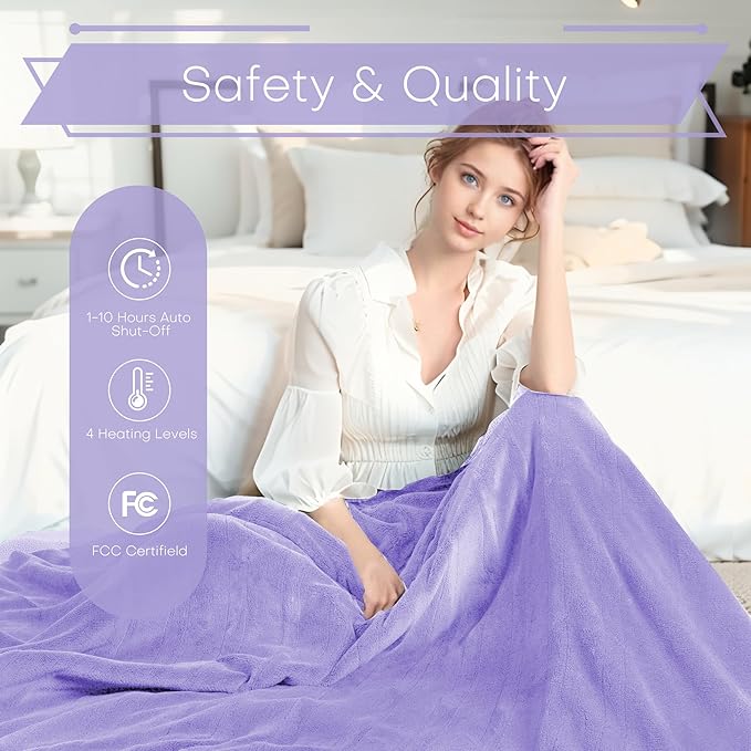 Electric Heated Blanket King Size 90"x100" - Coral Fleece & Sherpa Fabric Dual-Sided, 4 Heat Settings & 10 Hours Auto Off, Soft Warming Throw for Home, Office, or Bed, Machine Washable, Light Purple