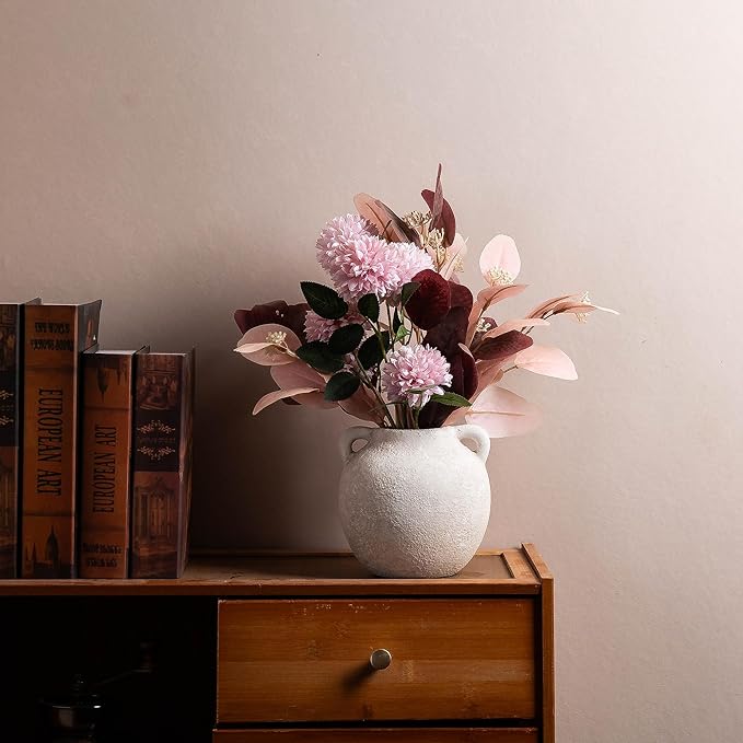 Ceramic Flower Vase, Porcelain Vases, 6 Inch Vintage Terracotta Vase with Hadle for Home Decor, Decorative Farmhouse Vase for Home Decor, Living Room, Shelf Decor, Farmhouse, Table, Lyeec