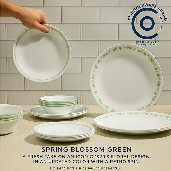 Corelle Vitrelle 18 Piece Glass Dinnerware Sets Service for 6, Triple Layer Chip & Crack Resistant Glass Plate and Bowl Sets, Spring Blossom Green