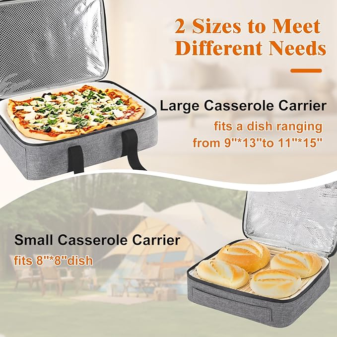 Insulated Casserole Carrier for Hot or Cold Food, Fits 8"-15" Baking Dish,Thermal Food Carrier Bag, Lasagna Lugger Tote for Potluck Parties/Picnic/Cookouts/Lunch, Grey,2 Pack