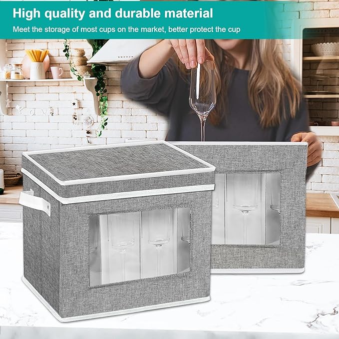 homyfort Grey Stemware Storage Case Organizer - Hard Shell Champagne Flute Storage Box with Dividers for 12 Crystal Glasses