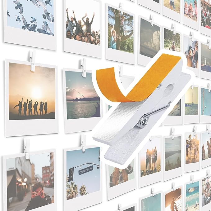 20 Pack Mini Self Adhesive Clips for Pictures - White Wood Clip Photo Holders for Wall, Poster Hanger, Photo Cards Hanging Display Board & Picture Boards, Artwork Photos Holders Card Room Decor
