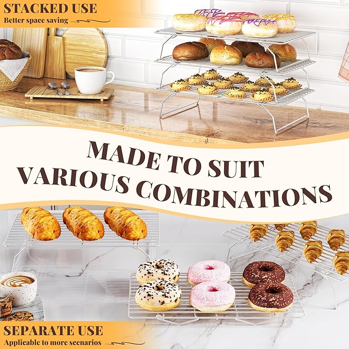 Cooling Racks for Cooking and Baking - 3 Tier Stackable Grid Wire Baking Rack for Oven Cooking, Baking, Grilling, Roasting -Dishwasher Safe Bacon Rack