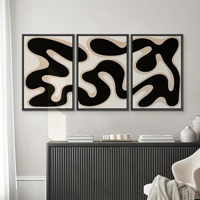 SIGNWIN Framed Canvas Print Wall Art Modern Abstract Organic Shapes Black and Beige Fluid Pattern Photography Modern Art Minimalist Black and White for Living Room, Bedroom, Office - 16"x24"x3 Black