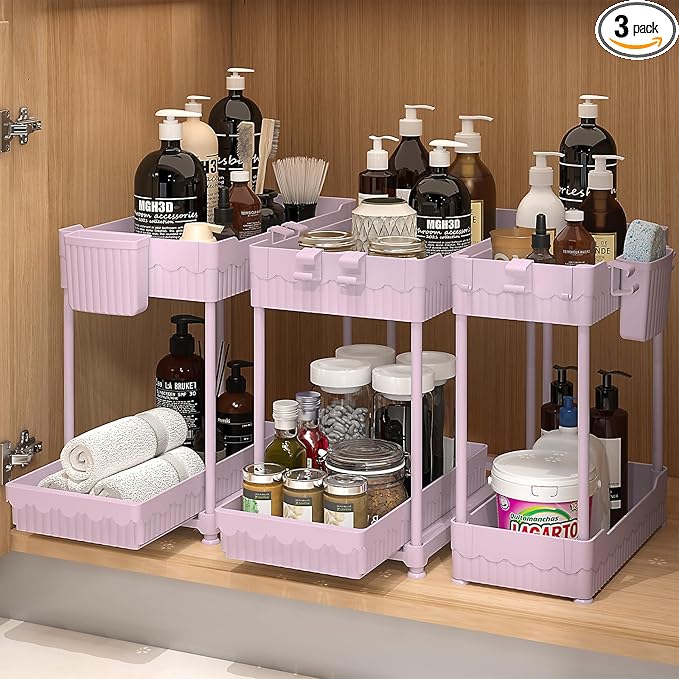 3 Pack Under Sink Organizers, 2-Tier Multi-Use Kitchen and Bathroom Organizers and Storage with Sliding Drawers,Bathroom Cabinet Organizer (Pink, 14.8 Inch)