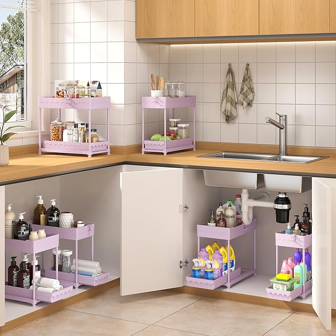 3 Pack Under Sink Organizers, 2-Tier Multi-Use Kitchen and Bathroom Organizers and Storage with Sliding Drawers,Bathroom Cabinet Organizer (Pink, 14.8 Inch)