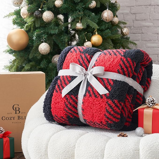 Cozy Bliss Luxury Sherpa Throw Blanket for Couch, Premium Reversible Buffalo Plaid Thick Throw, Warm Cozy Soft Blanket for Home and Gifts (Red/Black Buffalo Check, 50" x 60")