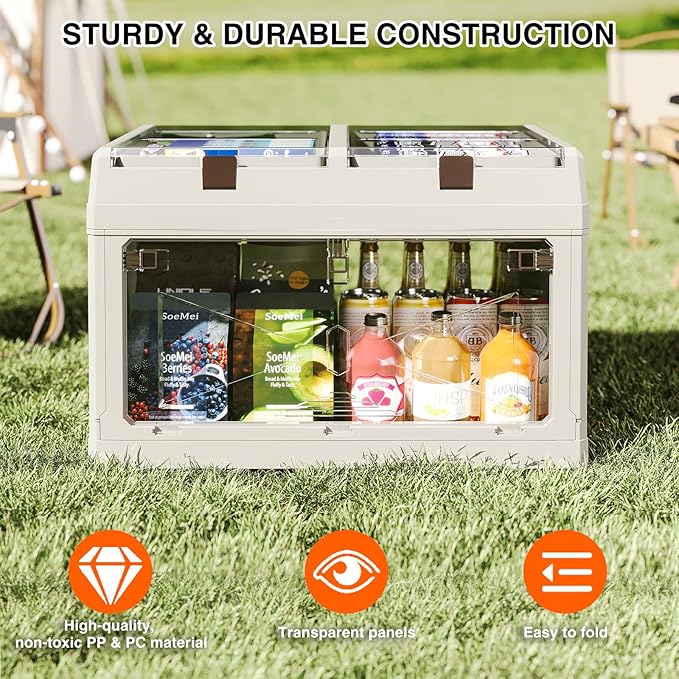 Closet Organizer and Storage Box, Large Essential Collapsible Plastic Car Trunk Container with Clear Lids and Doors, Open Front Multifunctional Stackable Bin for Bedroom, Dorm Room, Craft 80 L