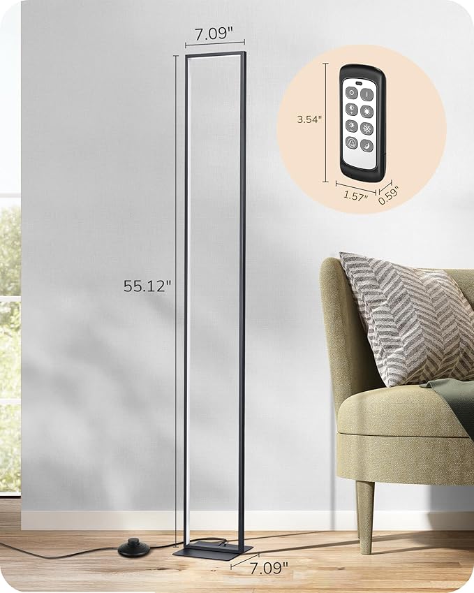 EDISHINE LED Floor Lamp, 55" Modern Minimalist Rectangular Corner Light, 3000K-6000K Dimmable, Remote Control & Foot Switch, Metal Base Standing Lamps for Living Room, Bedroom, Office, Black