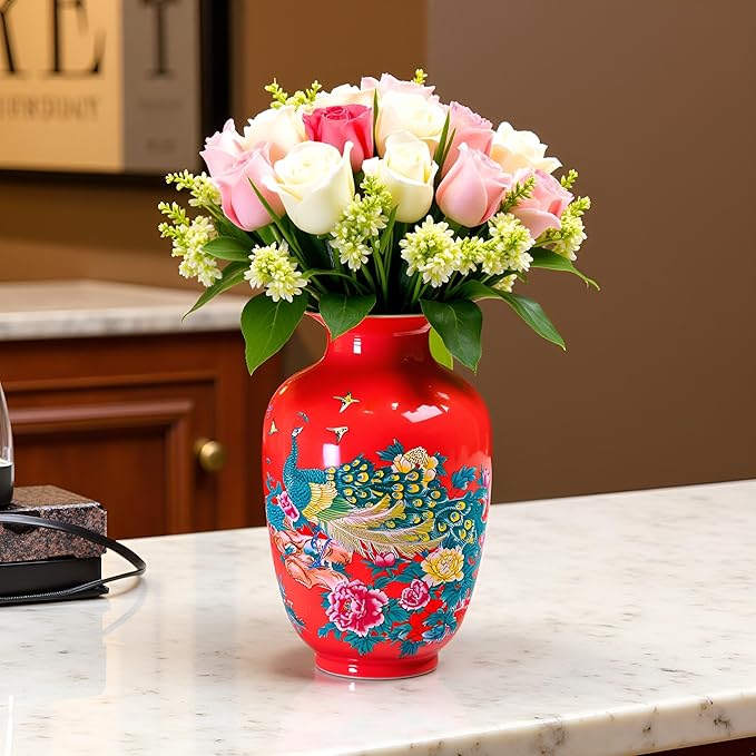 MTME Porcelain Figurines, Jingdezhen Peacock Decorative Flower vase, Home Decor, Wedding Gifts, Aesthetic Sculpture Home décor (Red)