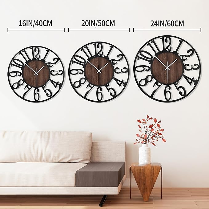 1st owned Wall Clock for Living Room -16" Silent Non Ticking,Battery Operated,Black Metal, Antique Wood Clocks for Farmhouse,Dining Room,Bedroom,Kitchen Clock Wall Decor- Arabic Numerals