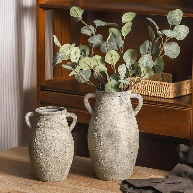 Ceramic Rustic Vase, 9.05 inch Farmhouse Flower Vase with 2 Handles, Decorative Pottery Flower Vases for Home Decor, Living Room Shelf Decor, Enterway, Table