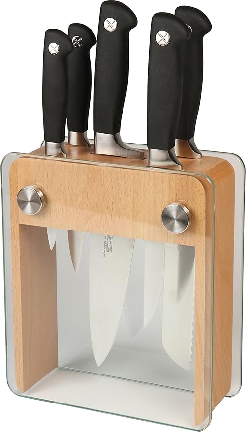Mercer Culinary M20050 Genesis 6-Piece Wood / Glass Knife Block Set