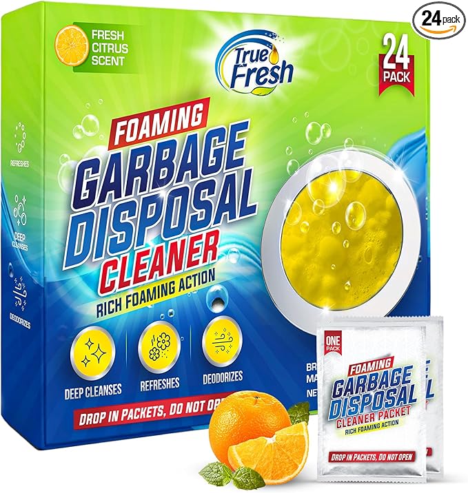 True Fresh Garbage Disposal Cleaner Powder Drop-in Sink Packets 24-Pack – Deep Cleaning & Descaling for Kitchen Sinks, Removes Odor-Causing Residue, Septic Safe, Easy-to-Use Formula