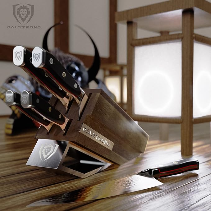 Dalstrong Knife Block Set-5pc-Shogun Series ELITE-High-Carbon Japanese Steel-Black G10 Handles-Acacia Wood- Damascus-Kitchen Knife Set with Block-Professional Cutlery Set-Men's Valentines Gift