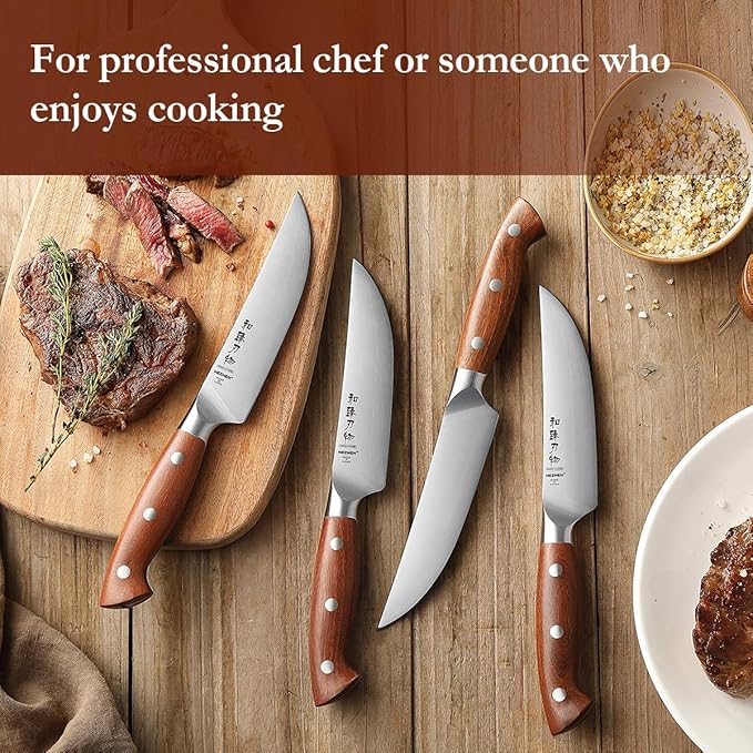 HEZHEN 5.3 Inch Steak Knives, Non Serrated Steak Knife Set of 4, German Steel Steak Knife Set,Professional Straight Sharp Edge Knives - Full Tang Ergonomic Handle