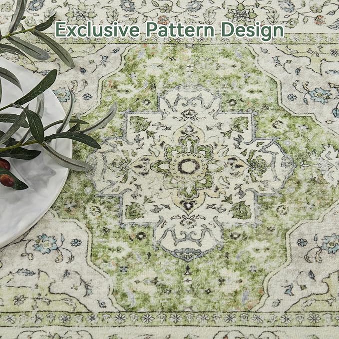 Topllen Washable Area Rug - 4'x6' Boho Living Room Rug, Non-Slip Soft Rugs Indoor for Bedroom Dining Room Office, Vintage Throw Carpet Stain Resistance (Green, 4x6ft)