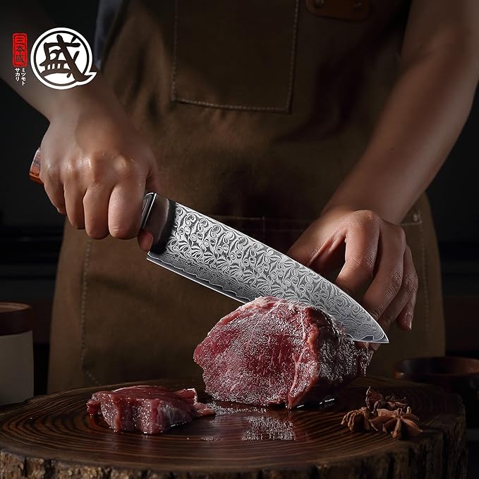 MITSUMOTO SAKARI Gyuto Chef Knife 8 inch, S301 Powder Damascus Steel Professional Kitchen Knife (Hand Forged)
