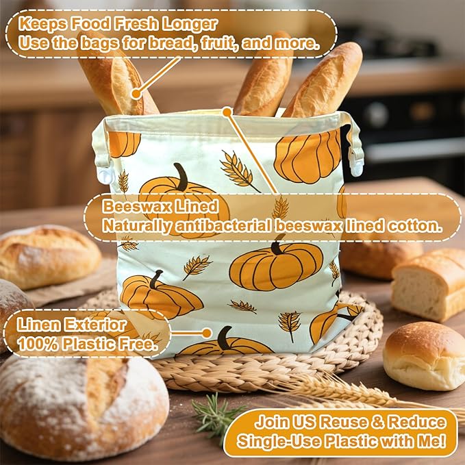 2 Pack Reusable Beeswax Bread Bag for Sourdough & Homemade Bread with Zipper– Beeswax Lined Bread Bags, Plastic-Free Sourdough Bread Storage, Autumn Pumpkin Design for Thanksgiving & Fall Baking