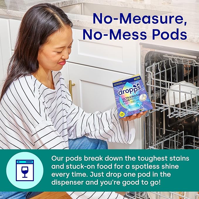 Dropps UltraWash Plus Dishwasher Detergent, Unscented (64 Pods) - Triple Action Biobased Power Deep Clean Dishwasher Detergent Tablets for Tough Stains - Dishwashing Pods for Shiny Dishes