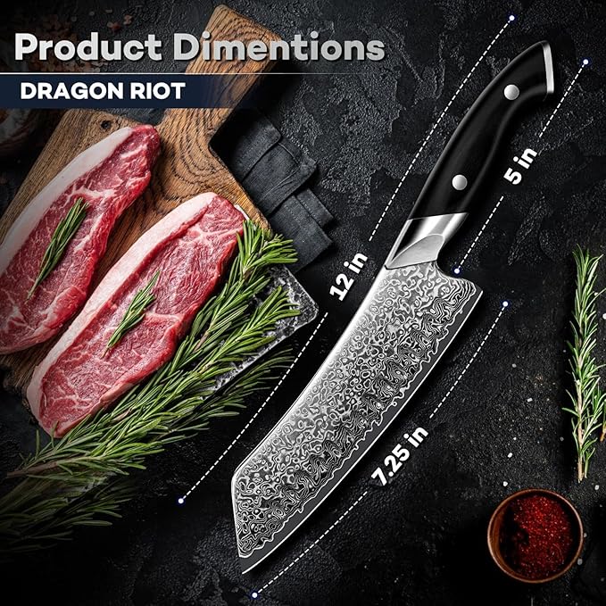 DRAGON RIOT Japanese Chef Knife, Damascus Santoku Knife with VG10 Steel Core, Ultra Sharp Handmade Kitchen Knives with Ergonomic Handle, Premium Gift Box for Mom and Dad