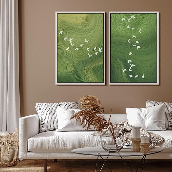 SIGNFORD Framed Canvas Print Wall Art Set Green Swirl Abstract White Birds Illustration Modern Art Decorative Nordic Nature for Living Room, Bedroom, Office - 24"x36"x2 White