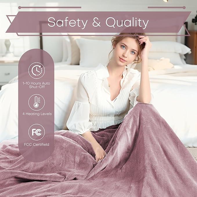 Electric Heated Blanket Queen Size 84"x90" - Coral Fleece & Sherpa Fabric Dual-Sided, 4 Heat Settings & 10 Hours Auto Off, Soft Warming Throw for Home, Office, or Bed, Machine Washable, Berry Shade