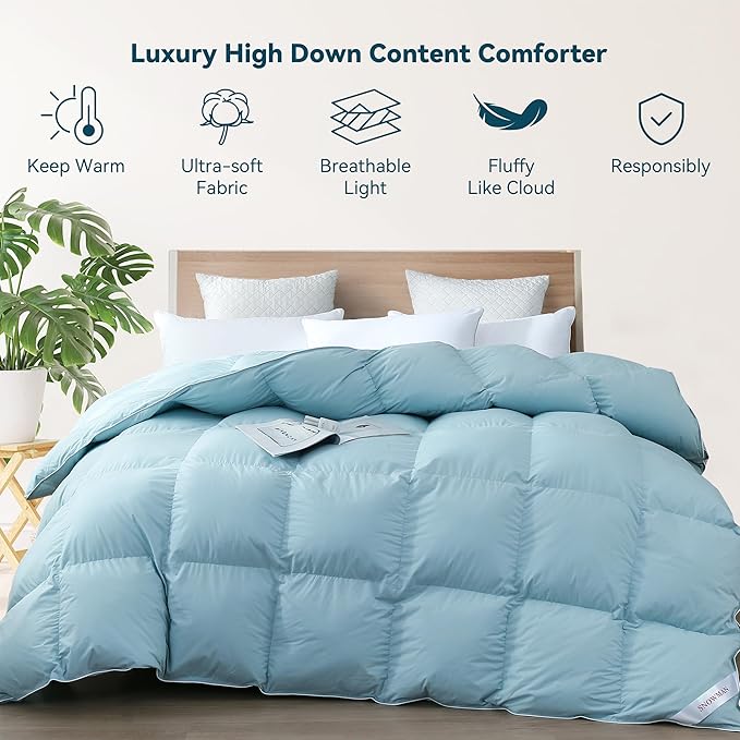 SNOWMAN Premium Down Comforter King Size, Luxurious All Season Duvet Insert with Cotton Blended Fabric, 44oz Fill Weight 3D Baffle Box Design Hotel Bedding Comforter (Blue,106"x90")