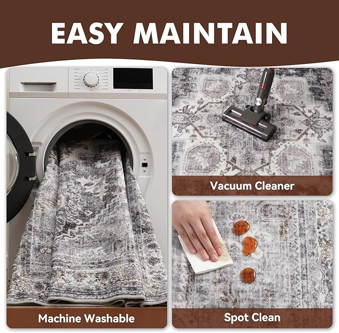 Runner 2x8 Runners for Hallways Runner-Rugs for Bedroom Soft Kitchen Machine Washable Vintage Oriental Floral Medallion Laundry Rug Non Slip Grey