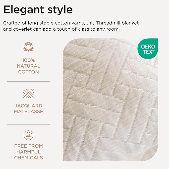 Threadmill Luxury Cotton Blankets for King Size Bed | All-Season Cozy 100% Cotton King Blanket | Criss Cross Jacquard Soft & Lightweight Coverlet fits California King Size Bed, 104x92 | White