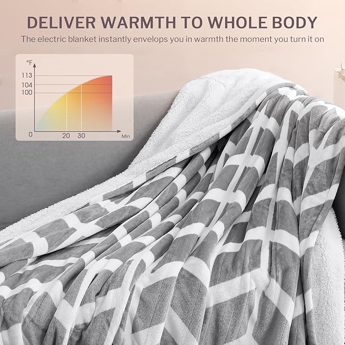 VENTIMI Electric Blanket Heated Throw, 62" x 84" Heated Blanket with 9 Heat Levels & 2 to 10 Hours Auto Off, Fast Heating Blankets with ETL & FCC Certification, Grey
