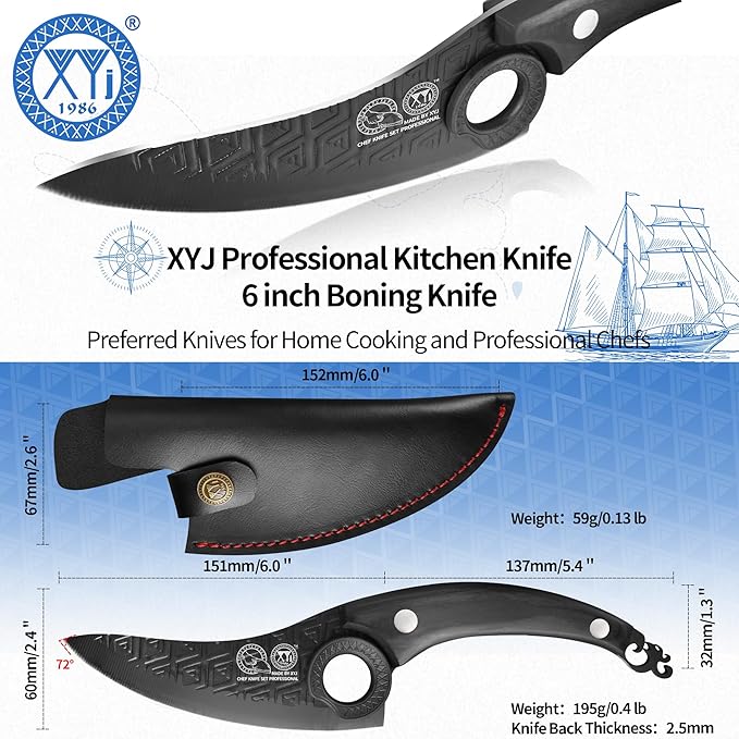 XYJ Authentic Since 1986, FULL TANG 6 Inch Boning Knife With Sheath, Stainless Steel Deboning Meat Cleaver for Meat Cutting, Vegetable Kitchen Knife for Outdoor Camping