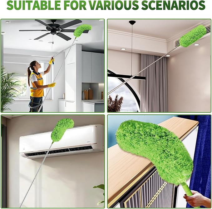 Cobweb Duster with Extension Pole, Washable Cleaning Duster Set with 2 Duster Heads, Corner Brush, 15-110-Inch Telescoping Pole for high Ceiling Fans, Long Duster for high Ceilings,Reach Duster